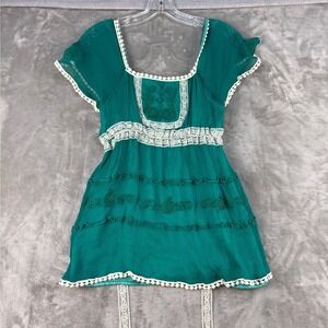 MM Couture by Miss Me Emerald Green 100% Silk Lace Babydoll Tunic Top S
